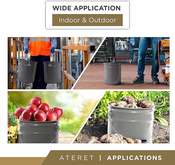 ATERET 5 Gallon Black Metal Bucket, Heavy Duty Durable Steel Open Head Pail with Handle for Outdoor and Household Use (12 Pack - Bucket Only)