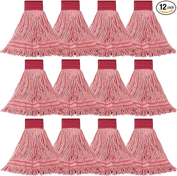 ONESIMUS 30 oz Pack of 12 Cleaning Heavy Duty Industrial Commercial Grade Looped-End Mop Head Replacement,6'' Headband Cotton String Wet Mop Head Refills,Machine Washable Red Mop