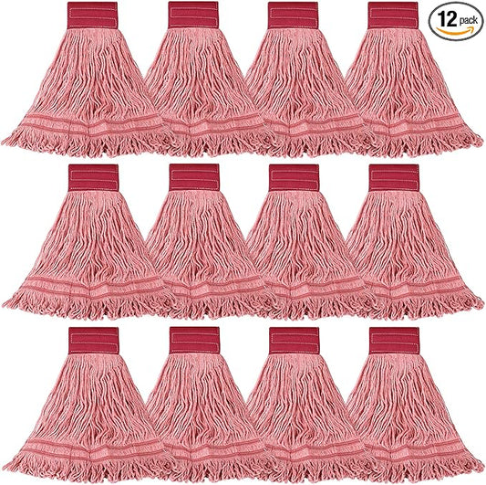 ONESIMUS 30 oz Pack of 12 Cleaning Heavy Duty Industrial Commercial Grade Looped-End Mop Head Replacement,6'' Headband Cotton String Wet Mop Head Refills,Machine Washable Red Mop