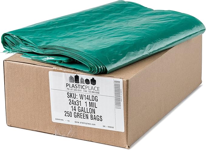 Plasticplace 12-16 Gallon Trash Bags │ 1.0 Mil │ Green Garbage Can Liners │ 24” x 31” (250 Count), W14LDG