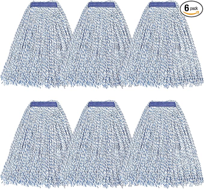 MATTHEW CLEANING Looped-Open Cotton Wet Mop 1.25'' Universal Headband Heavy Duty Commercial Mop Head Replacement for indoor and outdoor Use,Grease Stain Floor Cleaning String Mop Head Refill Pack of 6