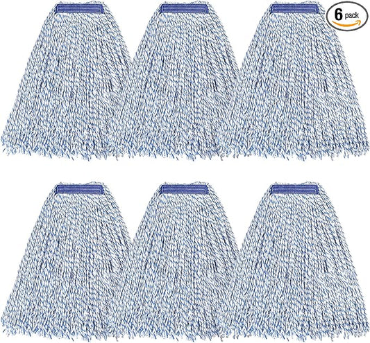MATTHEW CLEANING Looped-Open Cotton Wet Mop 1.25'' Universal Headband Heavy Duty Commercial Mop Head Replacement for indoor and outdoor Use,Grease Stain Floor Cleaning String Mop Head Refill Pack of 6