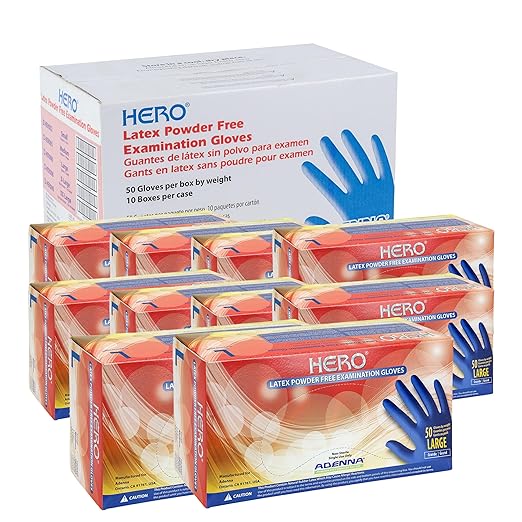 Adenna HERO Disposable Latex Gloves - 14 Mil, NFPA-Approved Heavy Duty Glove with 12" Extended Cuff & Micro-Textured Grip, Exam Grade, Powder Free, Case of 500, Large, Blue