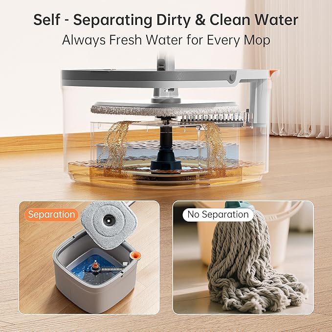 KZKR Spin Mop and Bucket Set with Self Separation Dirty and Clean Water System, Self Wringing 360° Rotating Square Mop Head for Home Floors Cleaning (1.0 Mop and Bucket Set (2 Pads))