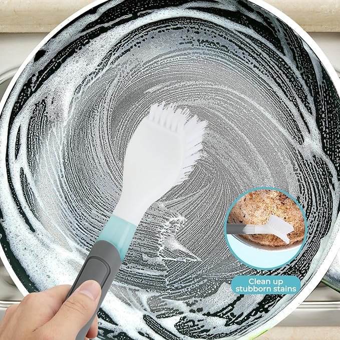 Dish Brush with soap Dispenser，4 PCS Replacement Brush Refills dishwashing Brush Set for Kitchen Utensils, Pans, Sinks, cookware