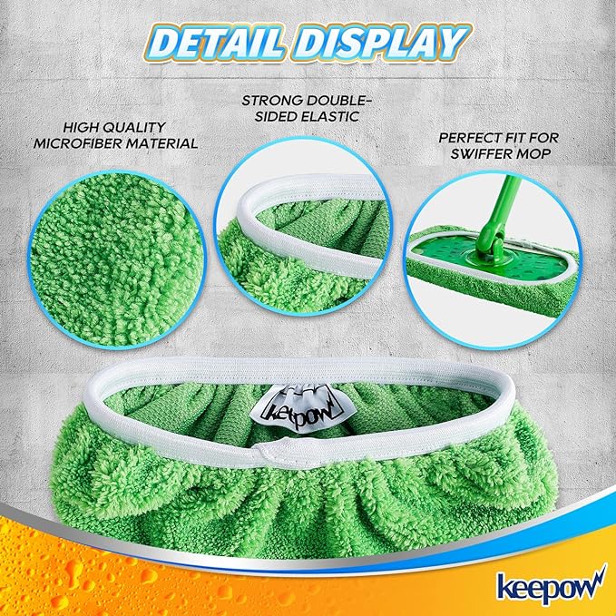 KEEPOW Reusable Microfiber Mop Pads for Swiffer Sweeper Mop, Washable Wet Pad Refills for Wet & Dry Use, Microfiber Dry Sweeping Cloths for Hardwood Floor Cleaning, 2 Pack (Mop is Not Included)