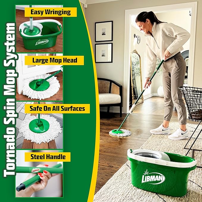 Libman Tornado Spin Mop System with 2 Refill Heads, Microfiber Spinning Mop and Bucket with Wringer Set for Home, Floor Cleaning of Hard-Wood, Laminate, Tile, All Surface Cleaner, 3 Total Mop Heads