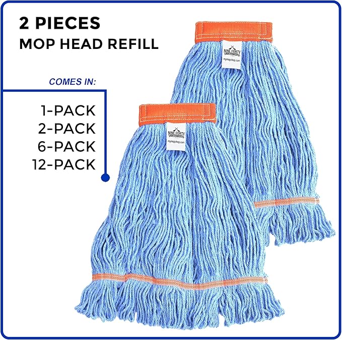Nine Forty 2-Pack Industrial and Commercial-Grade Looped End Wet Mop Head Refill - Heavy Duty 20 Inch 4-Ply Premium Synthetic Yarn - for Optimal Absorption and Durability - Blue (2 Pack, Large)