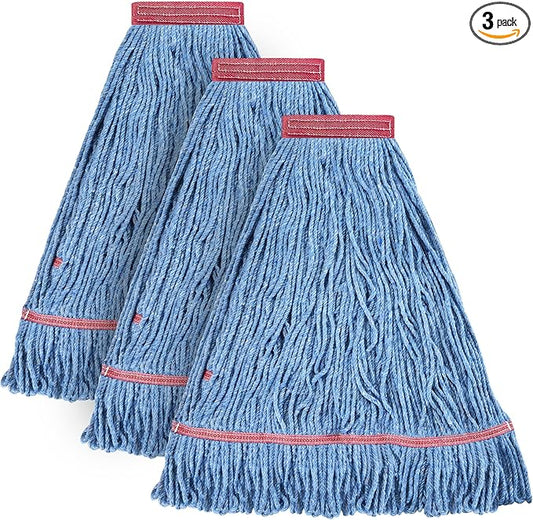 Matthew Cleaning 20oz Heavy Duty Mop Head Commercial Replacement for General and Floor Cleaning, Wet Industrial Blue Cotton Looped End String Head Refill (Pack of 3) Blue