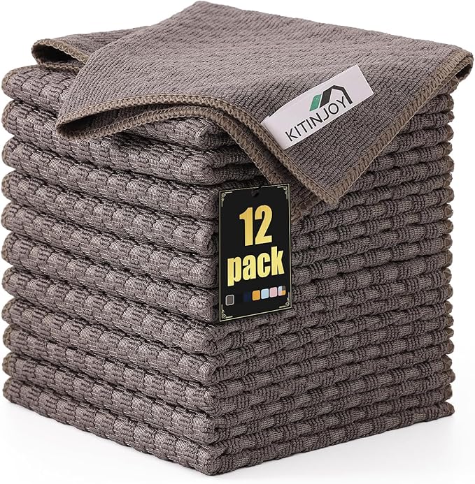 Kitinjoy Microfiber Cleaning Cloth, 12 Pack Soft and No Lint Microfiber Towels Cleaning Supplies, Absorbent Fast Drying Cleaning Rags for Housekeeping, Kitchen, Window, 12 x12 Inches, Brown