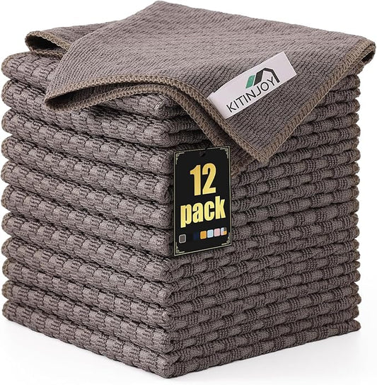 Kitinjoy Microfiber Cleaning Cloth, 12 Pack Soft and No Lint Microfiber Towels Cleaning Supplies, Absorbent Fast Drying Cleaning Rags for Housekeeping, Kitchen, Window, 12 x12 Inches, Brown