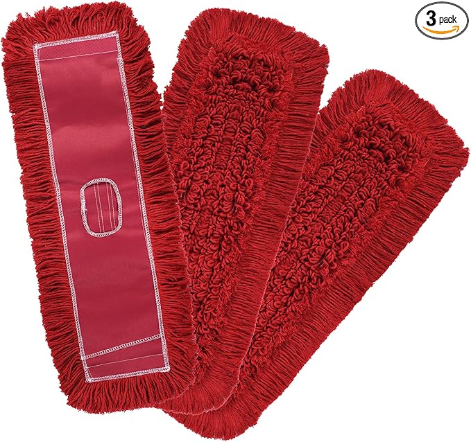 Matthew Cleaning 24'' Industrial Strength Cotton Dust Mop Refill Washable Replacement Heads for Residential & Commercial Use Fit Standard Dust Mop Frames, Hardwood,Concrete Floors Red 3 Pack