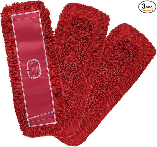 Matthew Cleaning 24'' Industrial Strength Cotton Dust Mop Refill Washable Replacement Heads for Residential & Commercial Use Fit Standard Dust Mop Frames, Hardwood,Concrete Floors Red 3 Pack