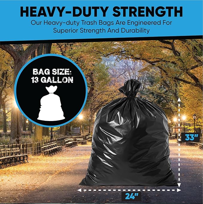 Black 13 Gallon Trash Bags – Bulk 1020 Count – Tall Kitchen Garbage Bags – 13 Gal Unscented Plastic Can Liners for Bathroom, Office, Janitorial, Commercial, Industrial, Municipal – Drawstring-Free