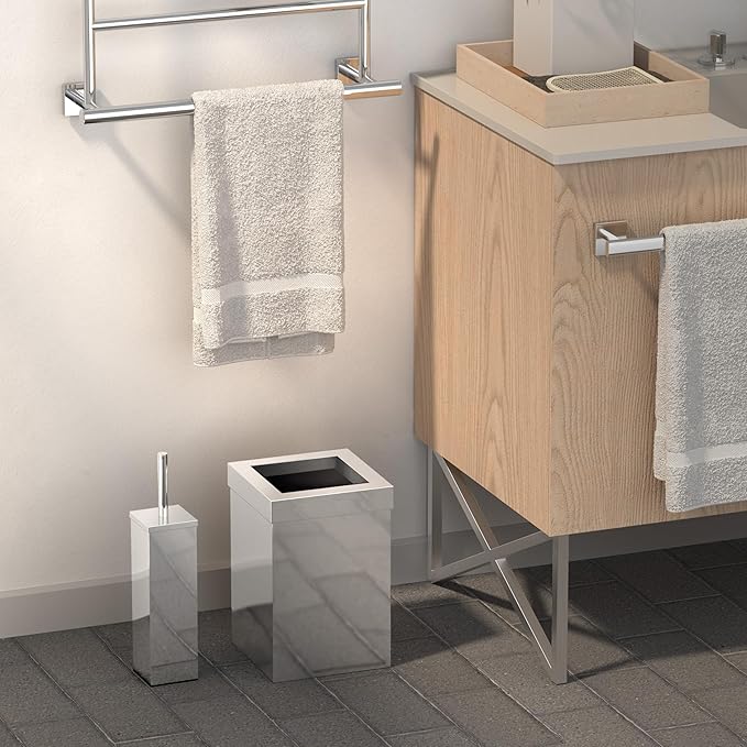 Gatco Modern Square Waste Basket and Toilet Brush Set, Chrome - Stainless Steel Trash Can with Removable Lid, Leakproof, 3 Gallon Capacity for Bathroom, Bedroom, Kitchen, or Office