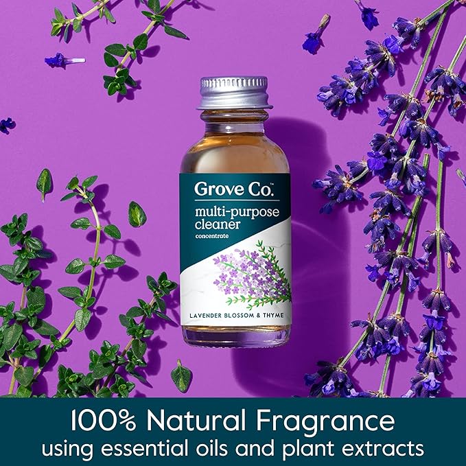 Grove Co. Multi-Purpose Cleaner, Refill Concentrate (2 x 1 Oz) + Glass Spray Bottle (16 Oz), Plant-based Household Cleaning Supplies Bundle, No Plastic Waste, Natural Lavender Blossom & Thyme Scent