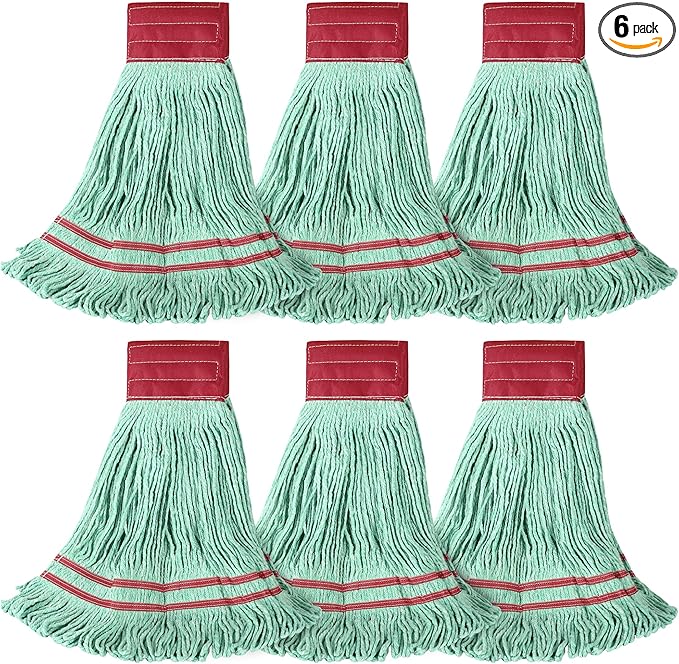 ONESIMUS 30 oz Pack of 6 Cleaning Heavy Duty Industrial Commercial Grade Looped-End Mop Head Replacement,6'' Headband Cotton String Wet Mop Head Refills,Machine Washable Green Mop