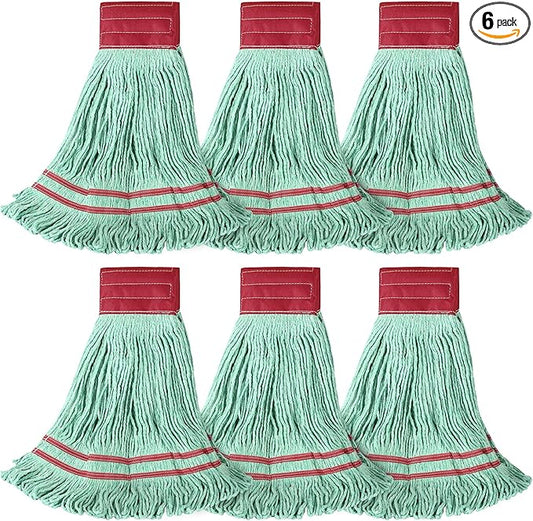 ONESIMUS 30 oz Pack of 6 Cleaning Heavy Duty Industrial Commercial Grade Looped-End Mop Head Replacement,6'' Headband Cotton String Wet Mop Head Refills,Machine Washable Green Mop