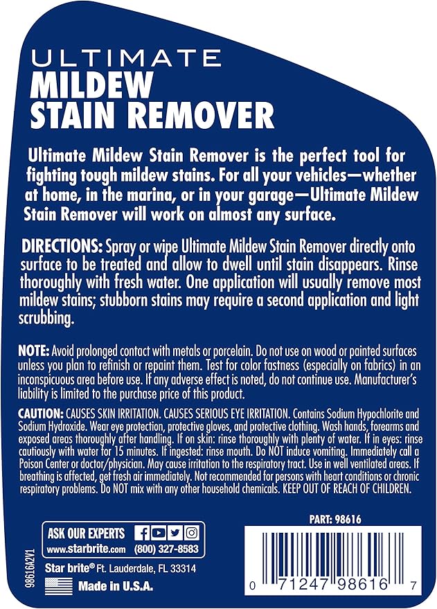 STAR BRITE Ultimate Mildew Stain Remover - Fast Acting Gel Spray Formula Stays On Stains Longer To Reduce Scrubbing 16 OZ (098616)