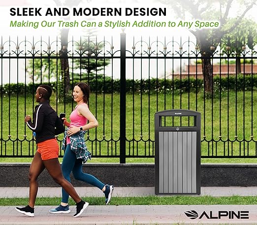 Alpine 40 Gallon Commercial Outdoor Trash Can with Lid - Modern Heavy Duty Large Outdoor Garbage Can with Durable Plastic Bin, Slatted Recycled Plastic Panels for Patio, Parks, Trails & Resorts (Grey)