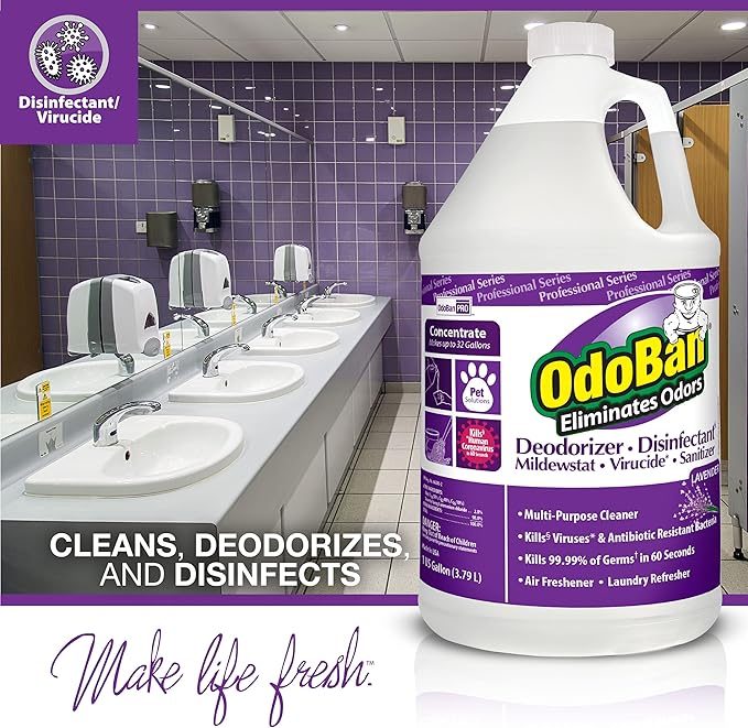 OdoBan Professional Disinfectant and Odor Eliminator Concentrate, Made in the USA, Lavender Scent, 4-Pack, 1 Gallon Each