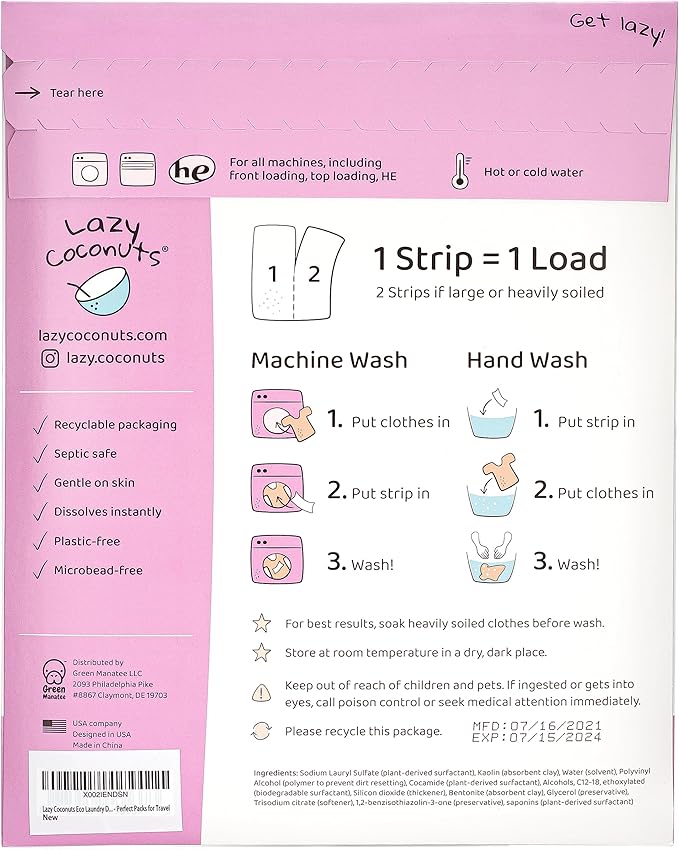 LAZY COCONUTS Eco Friendly, Plant Powered Laundry Detergent Strips - Fragrance Free, Unscented, Ultra Concentrated, Earth Friendly No Plastic - Lightweight and Perfect For Home, Dorms, Travel, Camping