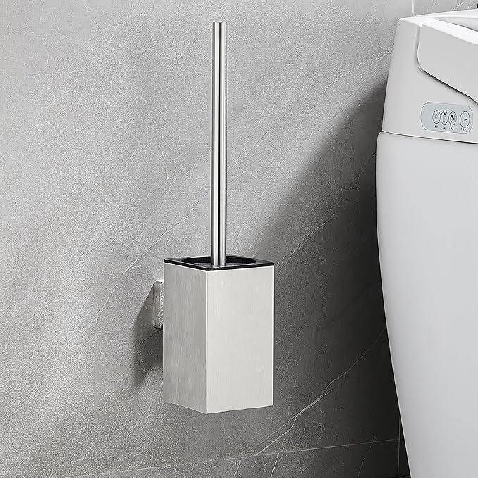 Toilet Brush and Holder Set Wall Mount or Freestanding KWQKEM Modern Toilet Bowl Cleaners Brush and Holder with Lid 304 Stainless Steel (Brushed Silver)
