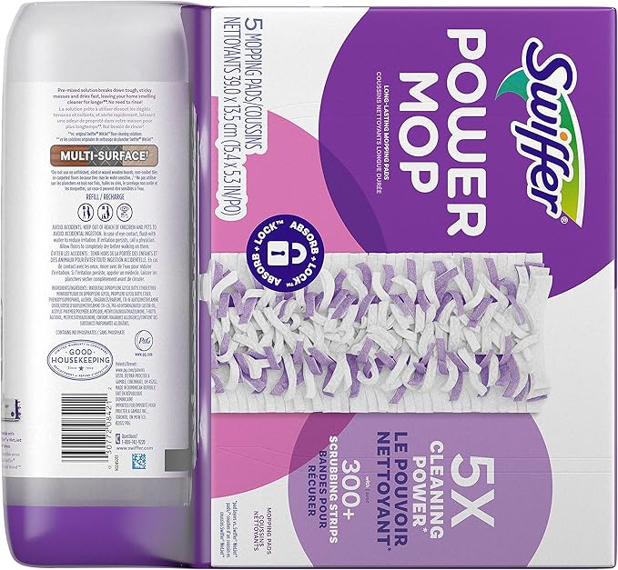 Swiffer PowerMop Multi-Surface Refill Pack for Floor Cleaning, Includes 5 Mopping Pad Refills, 1 Cleaning Solution with Lavender Scent (Pack of 2)