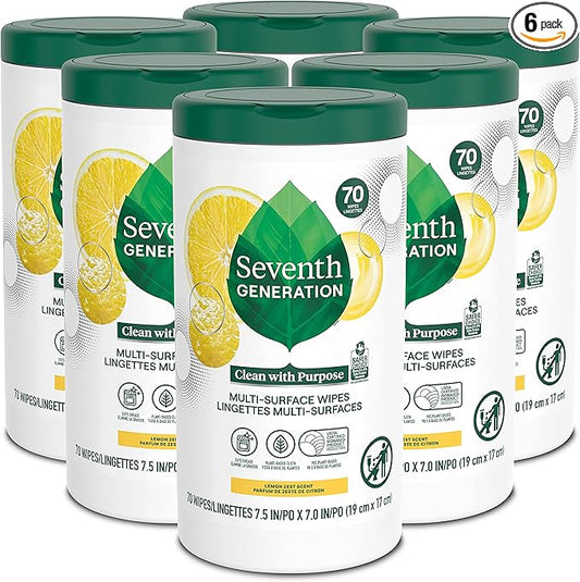 Seventh Generation Multi Surface Wipes All Purpose Cleaning Lemon Zest scent with 100% Essential Oils and Botanical Ingredients 70 count, Pack of 6