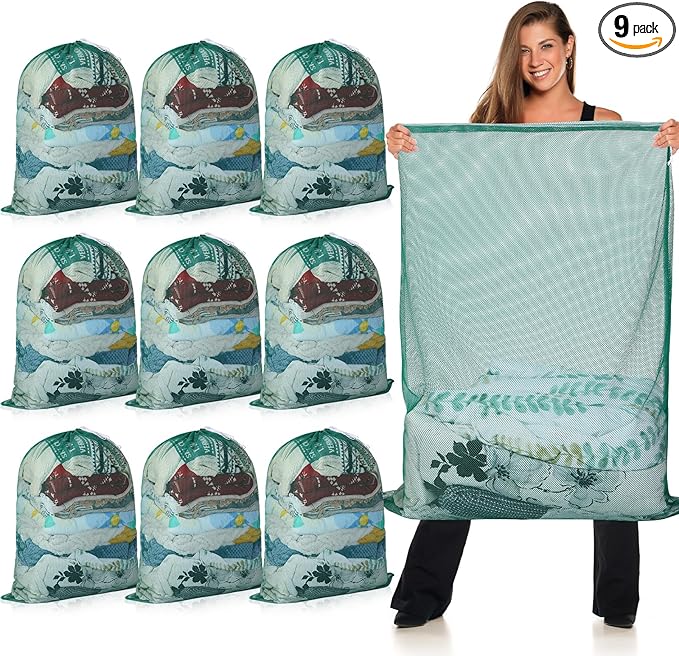Windyun Mesh Laundry Bag, 9 Pcs 30" x 40" Heavy Duty Large Mesh Laundry Bags Drawstring Lockable Laundry Hamper Liner Machine Washable Bag for Travel Dorm Home College Storage Apartment(Green)