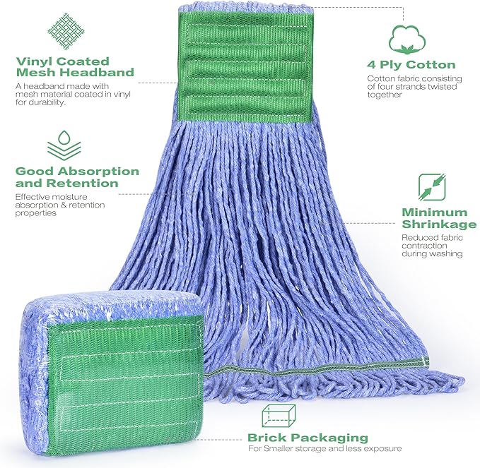 Matthew Cleaning Heavy Duty Mop Head Replacement, 5 Inch Wide Headband, Color Coded Looped End Cotton String Wet Mops for Floor Cleaning, Medium Size 18 oz, 4 Pack
