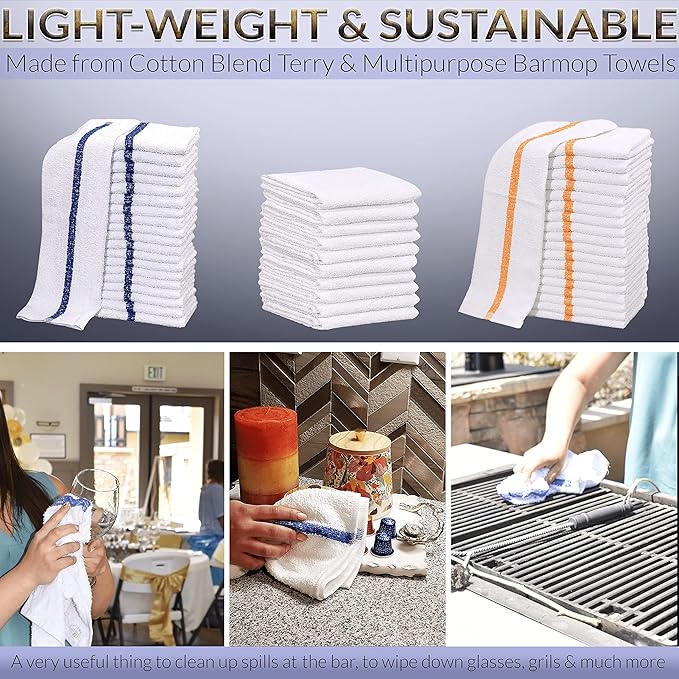 New Cotton Blend White Restaurant Bar Mops Kitchen Towels (36, Gold Stripe)