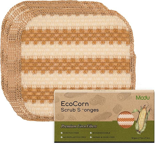 Modu 10 Pcs EcoCorn Dish Scrubber, Dishwashing Mesh Net, Kitchen Scrub Sponges-Biodegradable Corn Fiber, Non-Scratch, Ordor-Free, Microplastic-Free, All Purpose Kitchen & Household Cleaning (10 count)