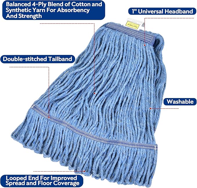 Matthew Cleaning Heavy Duty Mop Head Commercial Grade Replacement for General and Floor Cleaning, Wet Industrial Blue Cotton Looped End String Head Refills (Case of 24) Blue