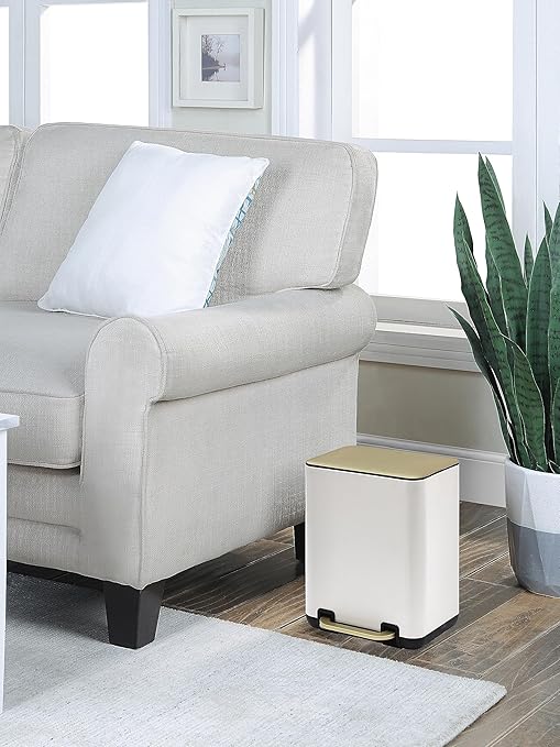 SunnyPoint 6 Liter(1.58 Gallon) Small Trash Can with Plastic Inner Buckets; Rectangle Bathroom, Office, Kitchen, and Bedroom Step On and Slow Close (WHT+Gold)