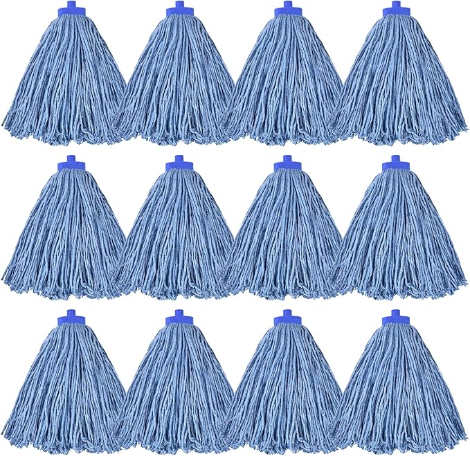 Matthew Cleaning Screw-on Heavy Duty Cotton Wet Mop Replacement Heads(Blue, Medium,12 Pack) with 2 Pack Microfiber Cloth for Residential & Commercial Floor Cleaning Use- Fit Standard American Screw