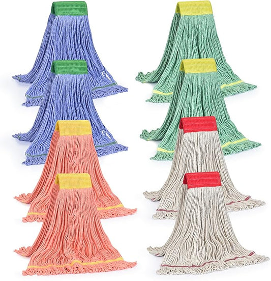 Matthew Cleaning Heavy Duty Mop Head Replacement, 5 Inch Wide Headband, Color Coded Looped End Cotton String Wet Mops for Floor Cleaning, Medium Size 18 oz, 8 Pack