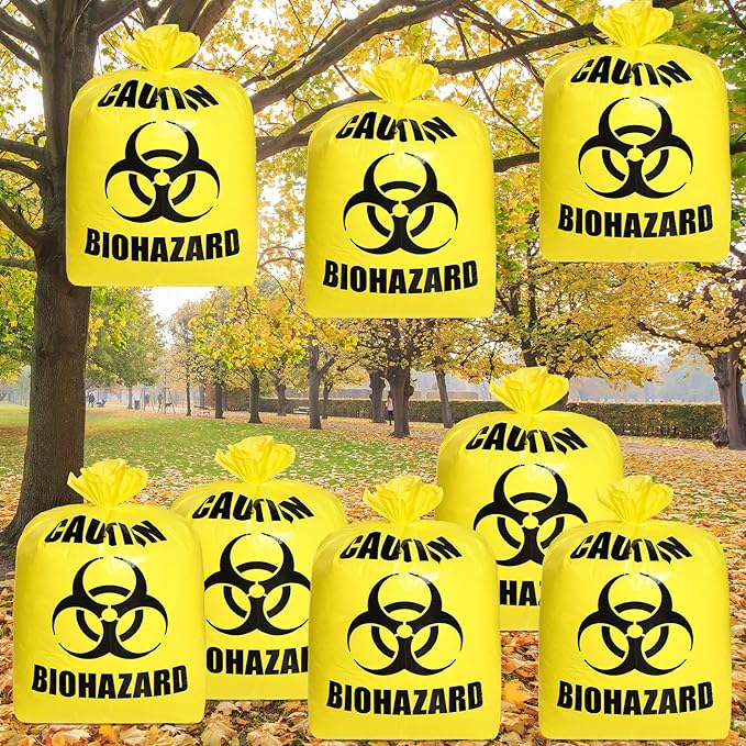 Qilery 8 Pcs Large Halloween Leaf Trash Bags Outdoor Plastic Lawn Waste Bags Biohazard Party Trash Bag Halloween Garden Outdoor Biohazard Zombie Party Decorations