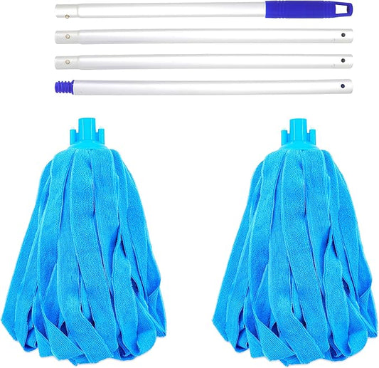 Microfiber Cloth String Mop, One Lightweight Aluminum Pole + Two Loop End Microfiber Cloth Mop Heads