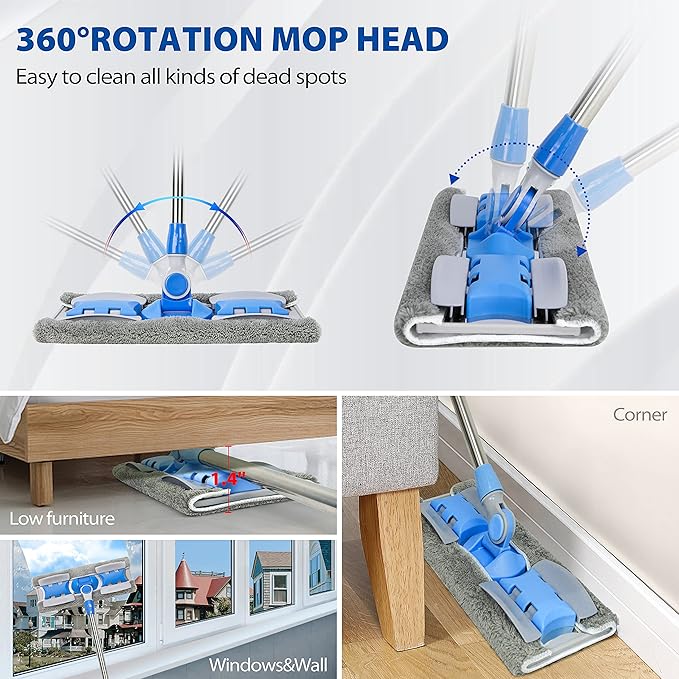 Professional Microfiber Hardwood Floor Mop, Flat Mops with 5 Pieces Reusable Washable Pads for Home and Office Wet or Dry Floor Cleaning (Sky Blue)