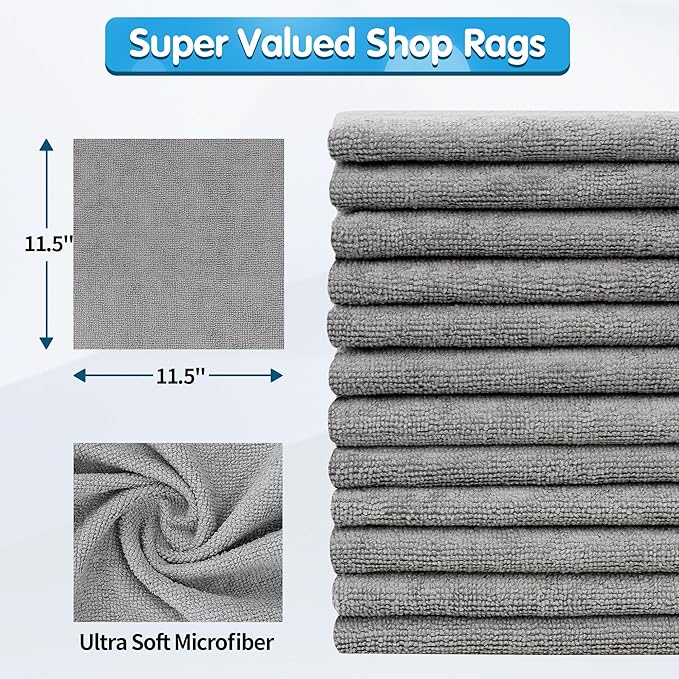 FIXSMITH Shop Towels, Pack of 100, Grey Microfiber Cleaning Cloth Bulk, Microfiber Towels for Cars, All-Purpose Absorbent Cleaning Rags, Dust Cloth for Automotive, Mechanic, Garage, 11.5 x 11.5 inch