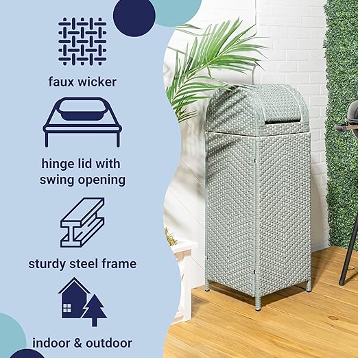 happimess HPM1202C Darla 31.39-Gallon All-Weather Wicker/Metal Swing Top Hideaway Outdoor Trash Can, Mint Blue/White, Classic, Coastal, Casual Wastebin for Backyard, Patio, Porch, Kitchen