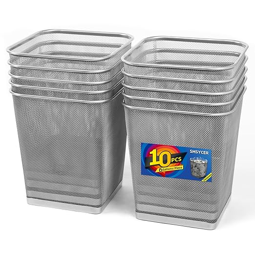 10-Pack Silver Square Metal Trash Cans, 6 Gallon Capacity, Mesh Design, Non-Slip Base, Smooth Edges, Suitable for Office, Home, School