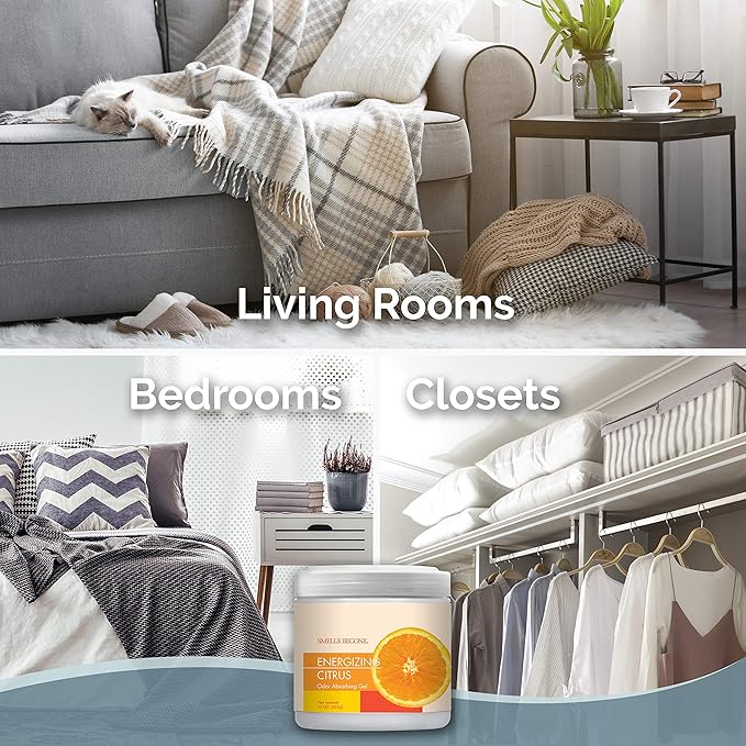 SMELLS BEGONE 15 oz Air Freshener Odor Absorber Gel - Absorbs Odor from Bathrooms, Cars, Pet Areas, Boats & RVs - Made with Essential Oils - Energizing Citrus Scent