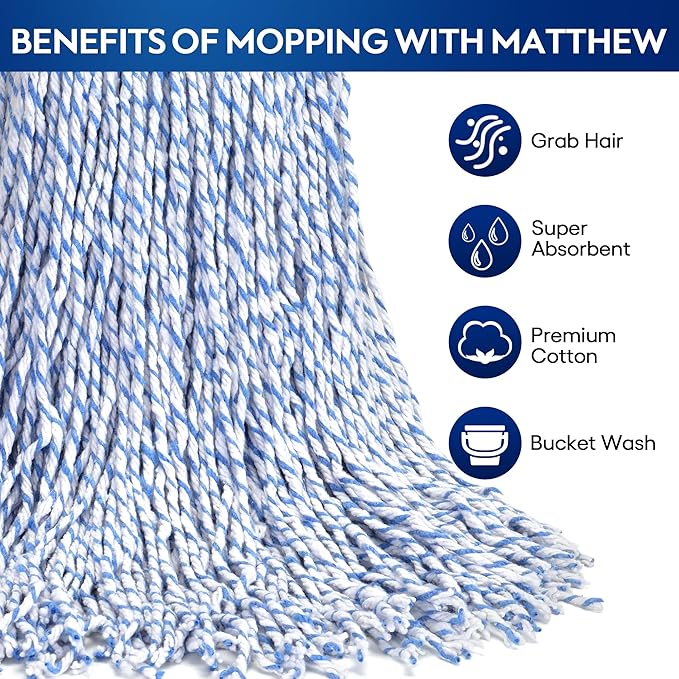 MATTHEW CLEANING Looped-Open Cotton Wet Mop 1.25'' Universal Headband Heavy Duty Commercial Mop Head Replacement for indoor and outdoor Use,Grease Stain Floor Cleaning String Mop Head Refill Pack of 3