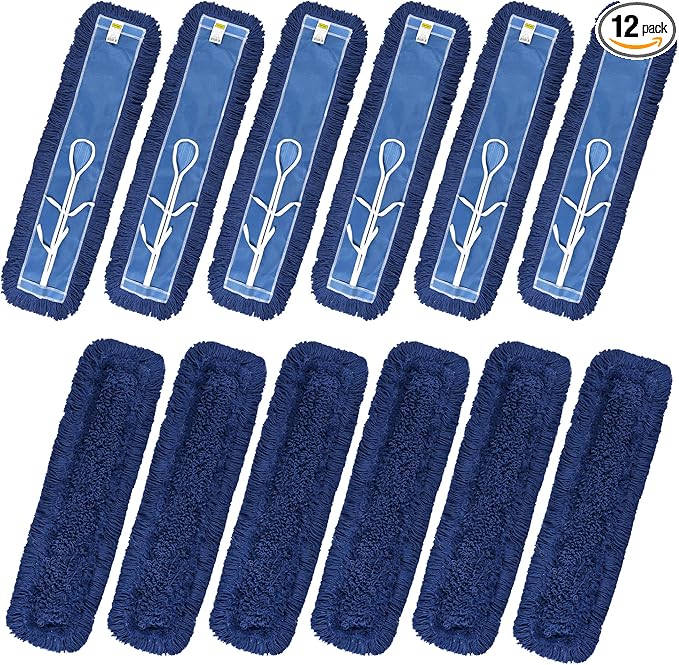 Matthew Cleaning 24'' Industrial Strength Cotton Dust Mop Refill Washable Replacement Heads for Residential & Commercial Use Fit Standard Dust Mop Frames, Hardwood, Laminate, Concrete Floors 12 Pack