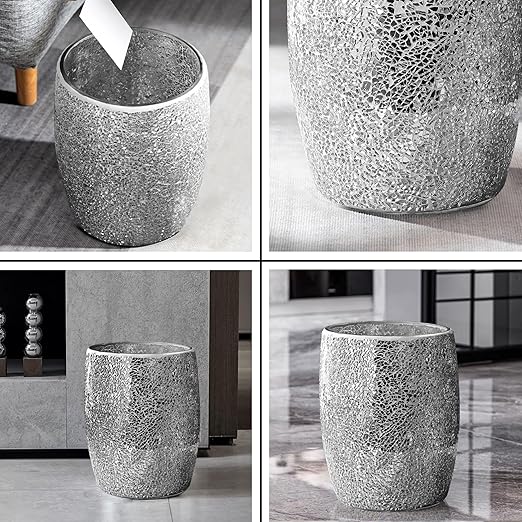 Escenzy Modern Bathroom Trash Can Silver Mosaic Glass 5L | 7" x 10" | Luxury Waste Basket for Restroom, Bedroom, Office & Kitchen | Decorative Small Garbage Can | Silver Glitter Bathroom Accessories