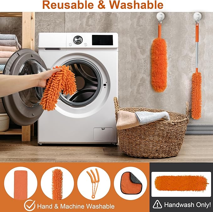 JEHONN Cobweb Duster with Extension Pole 96 inches, 8 PCS Extendable Long Handle Microfiber Feather Dust Remover, Telescoping Dusting Kit for Cleaning High Ceiling Fan, AC Vent House Exterior