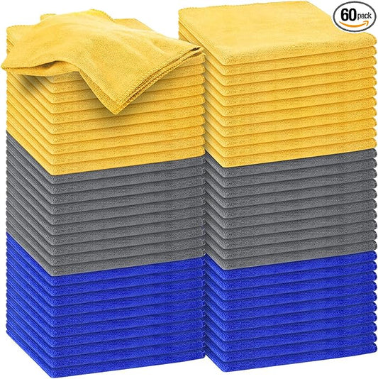Nuenen Microfiber Cleaning Cloths for Cars 16 x 16 Inch Ultra Absorbent Car Towels Drying Reusable Cleaning Supplies House Kitchen Window Microfiber Towel(Blue, Gray, Yellow,60 Pcs)