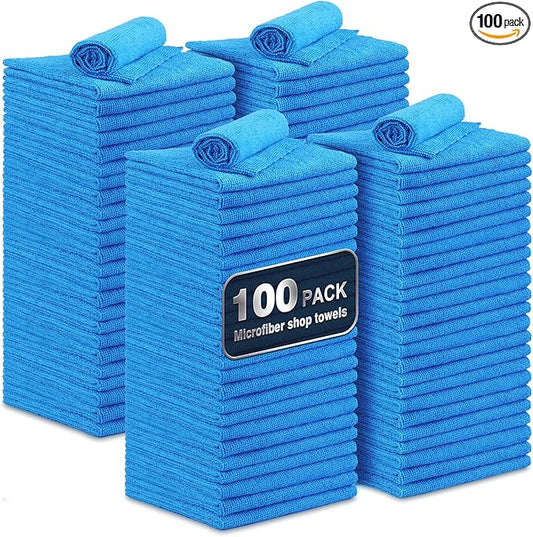 Shop Towels, 100 Pack Commercial Grade Work Rags Microfiber Towels for Cars Cleaning Rags Bulk Detailing Cloth for Automotive Bar Mechanic Restaurant Garage Housekeeping, 11.5"x 11.5", Blue